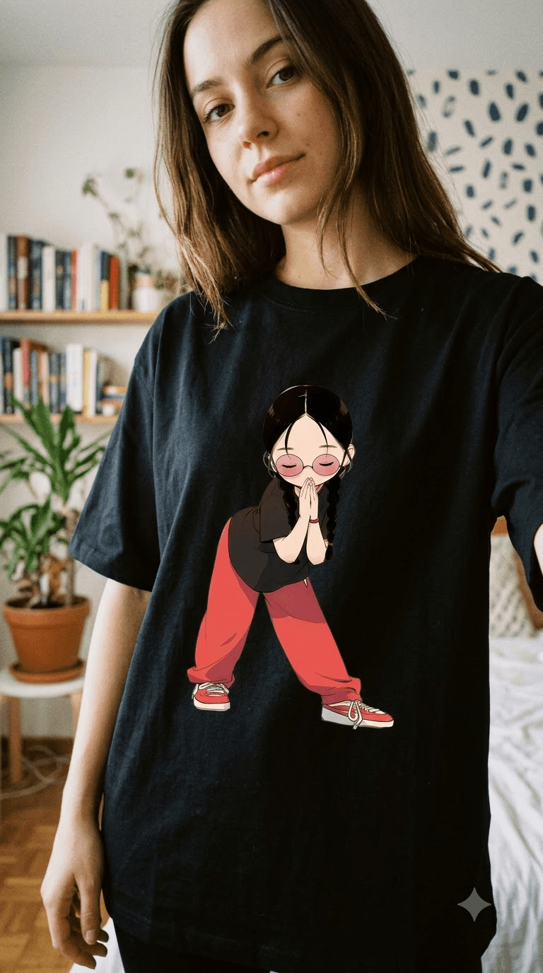 Zen Braid Chibi Graphic Black Oversized T-Shirt